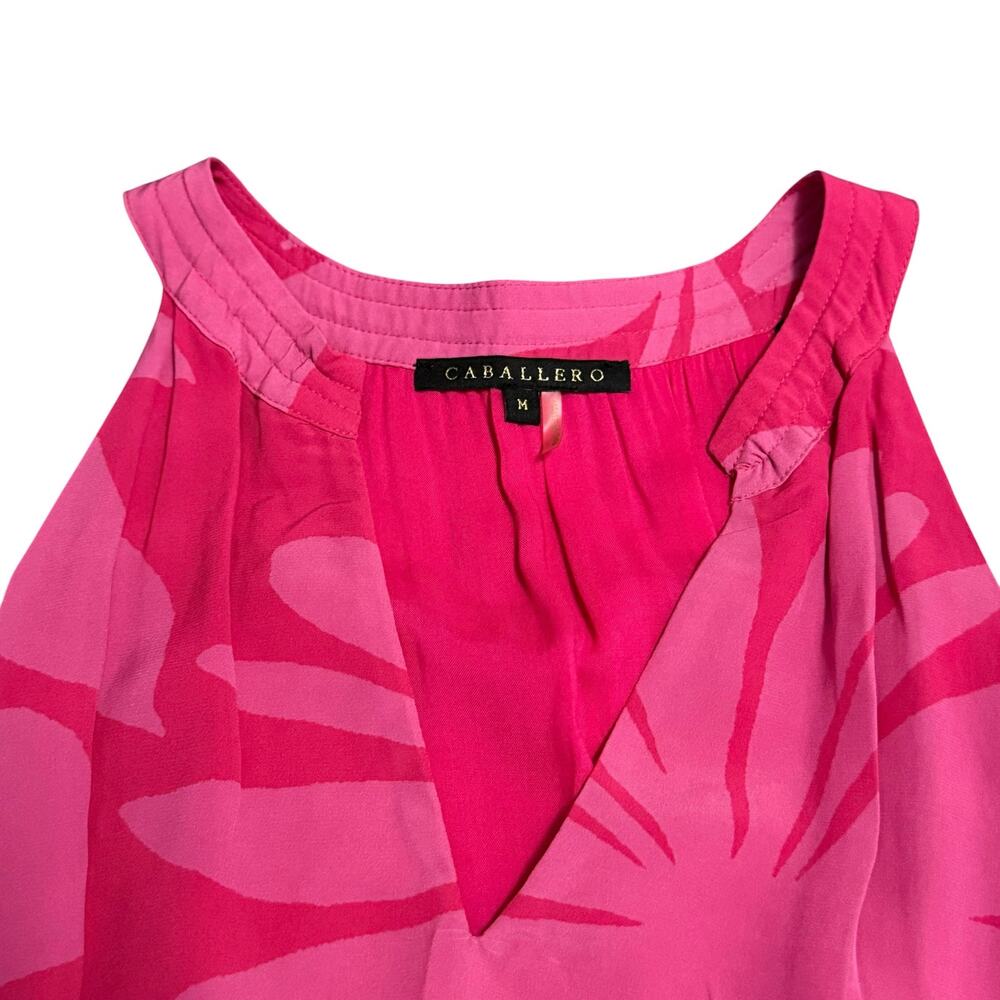 Caballero Sleeveless Dress Smocked Waist High Low Hem Tropical Print Pink Medium - Picture 3 of 9